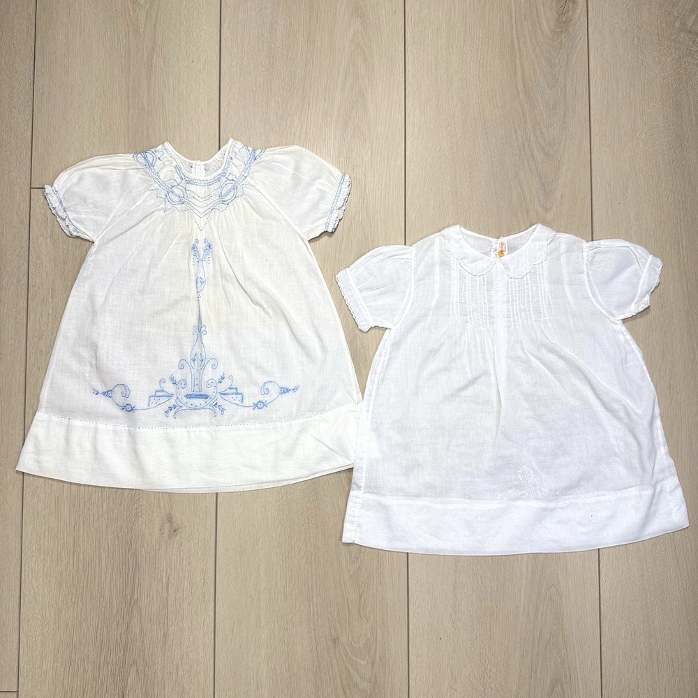 Lot of 2 VTG Baby Dresses‎ Blue Smocked Embroidered & White Peter Pan 1 Yr